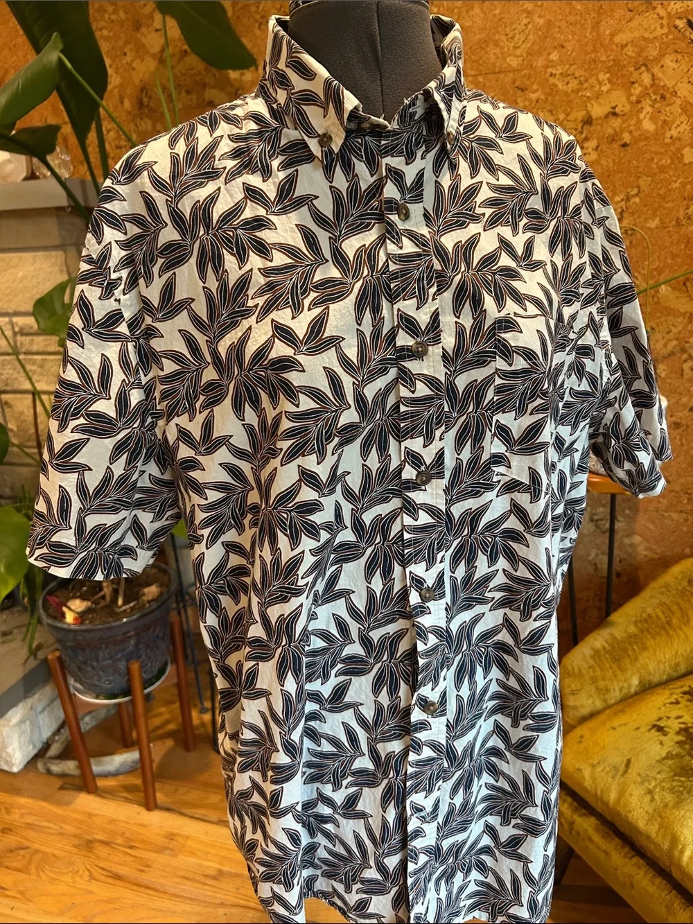 Banana Republic White Button-Up Shirt with Black Leaf Print